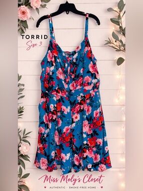 Torrid Blue Pink Floral Romper Dress Flowy Skirt Overlay Plus Size 3X
